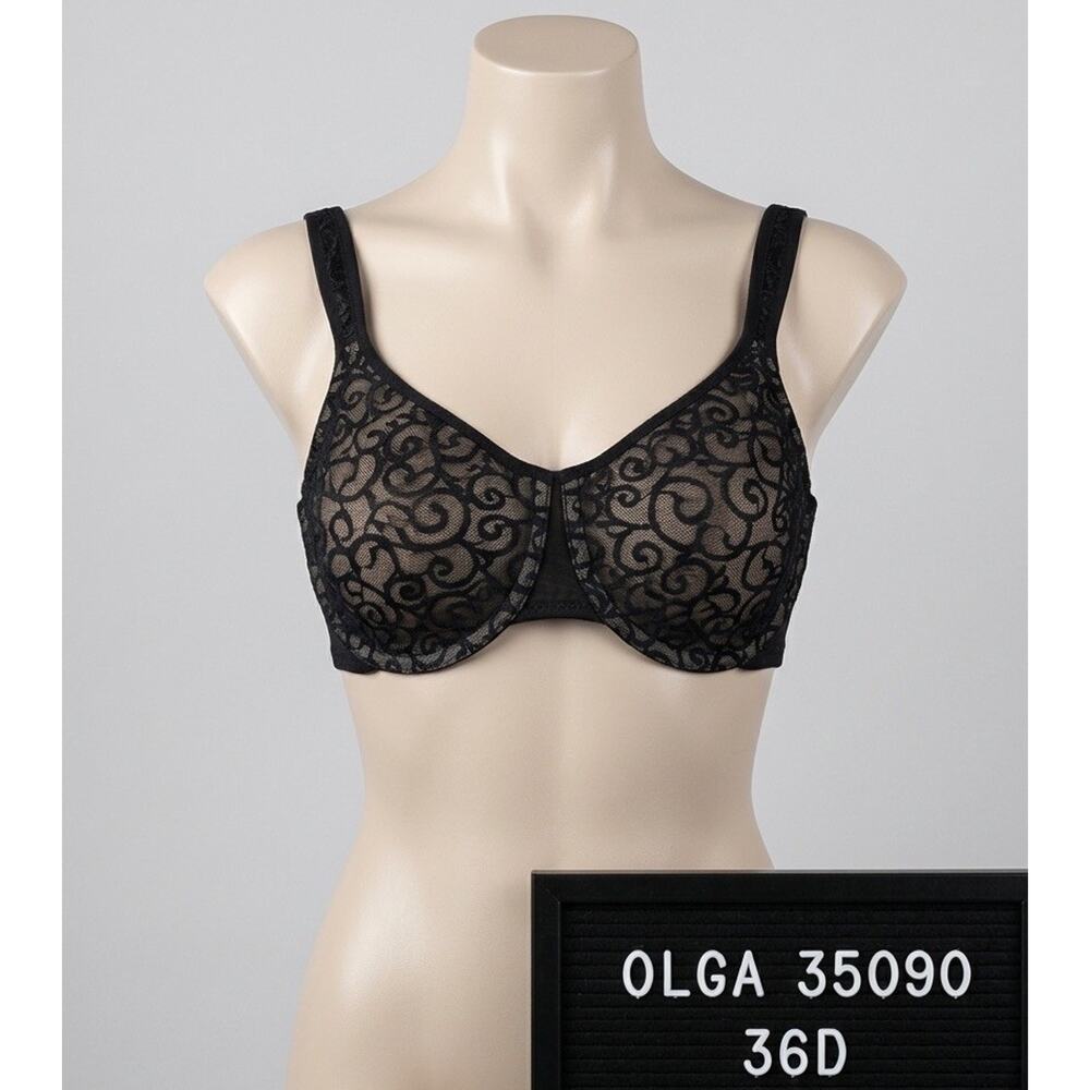 OLGA 35090 Bra 36D Black Lace Sheer Silky Smooth Positively Fitting Underwire